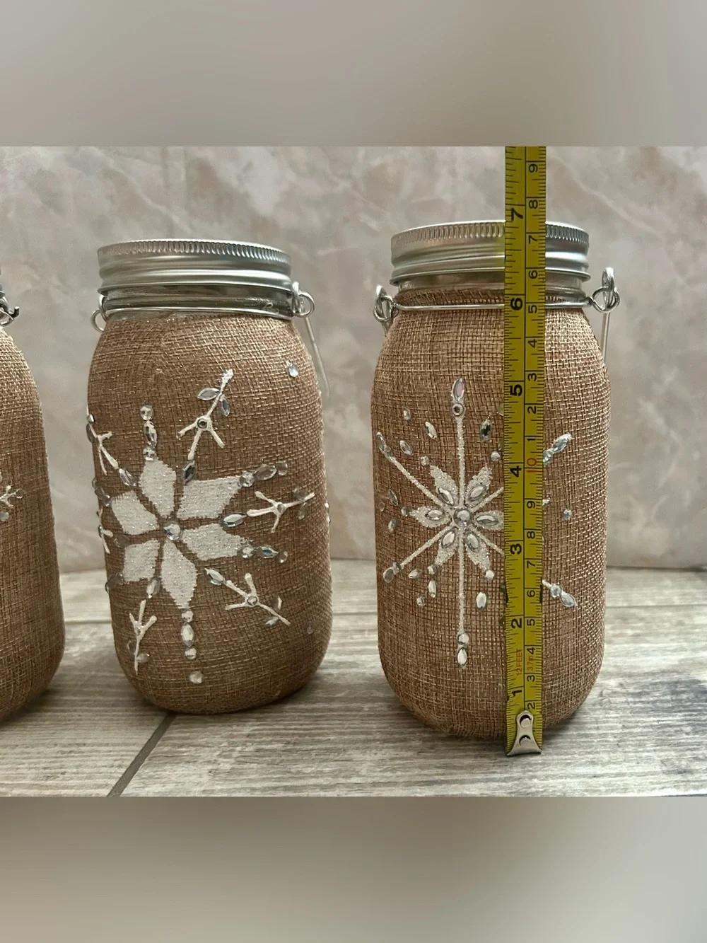 Burlap Mason Jar Twinkle Lights 3pc Set White Snowflake Design